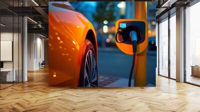 Close up photo of an electrical car charging at a gas station. Generative AI Wall mural