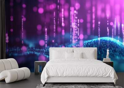 Digital technology background with glowing elements of code and data in bright blue and purple color Wall mural