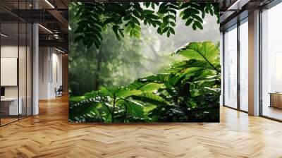 Rain falls in a rainforest with the rain drops.  Wall mural