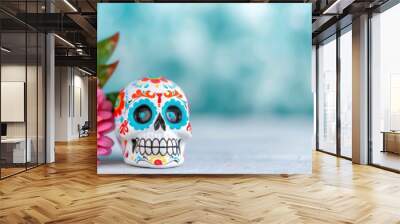 sugar skull and colorful flowers on blue blur background, Mexican traditional festival concept, day of the dead celebration, 2 november, 2024 Wall mural