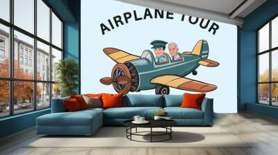 Airplane tour emblem featuring cartoon characters of two men flying in a vintage old plane vector Wall mural