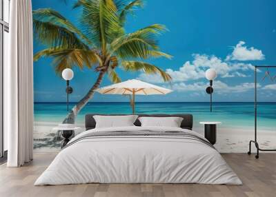 Beautiful tropical island scenery two sun beds loungers umbrella under palm tree White sand sea view with horizon idyllic blue sky calmness and relaxation Inspirational beach resort hotel Wall mural