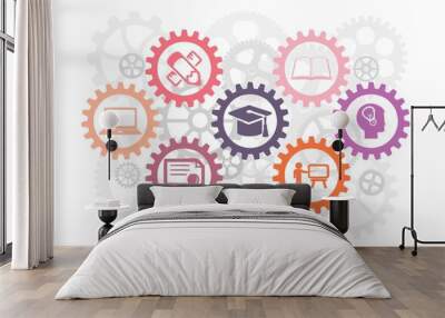 An education concept with gears, related with university and work, industrial education, clipart, education related illustration, graduation, diploma Wall mural