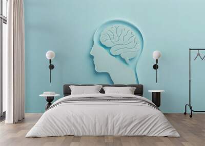 awareness of mental health head-shaped paper and brain  Wall mural