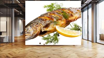 grilled fish with lemon on isolated white background Wall mural