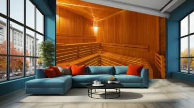 Interior of the Finnish sauna, classic wooden sauna with hot steam. Sauna room at hotel SPA center. Wooden interior baths, wooden benches and sun loungers sauna accessories, spa complex. Wall mural