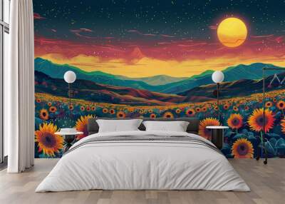 psychedelic style sunflower field and beautiful sky with sun  Wall mural