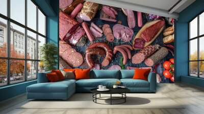 Smoked meat products. Display meats, cold cuts and sausages in a butcher's shop. Wall mural