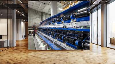 Synthetic yarns for carpet factory, carpet production, weaving looms. Interior of a Carpet Weaving Factory. Spool Sewing Thread Rack at Textile Weaving Mill. Wall mural