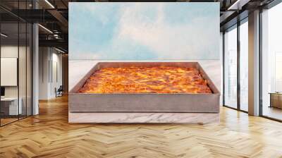 Traditional Turkish pastries: Cheese water borek (Su boregi). There are two types of water pastry with cheese and minced meat. Water pastry on the tray. Wall mural