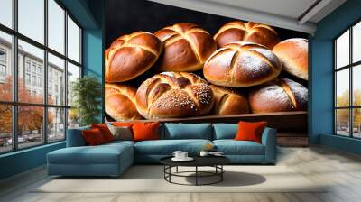 bakery rustic crusty loaves of bread and buns on black Wall mural