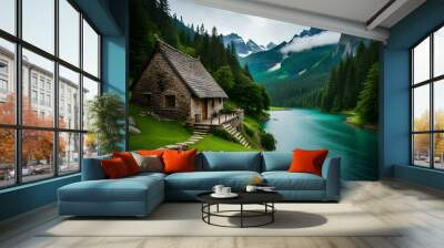 A beautiful house of exterior on top of mountain surrounded with beautiful landscapes, Ai Generated  Wall mural