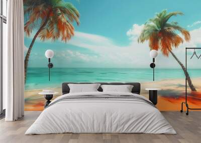 Summer beach scene with orange sand, teal water, and coconut palms swaying in the wind, providing plenty of copy space for text Wall mural