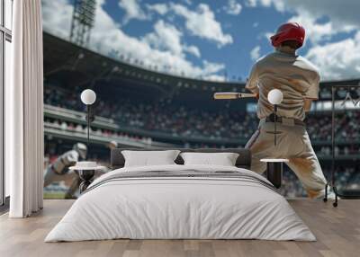 A baseball game is taking place in a stadium. The batter is waiting to hit the ball. Wall mural