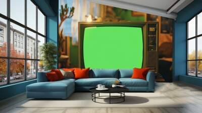 An old-fashioned green screen TV, like the ones from the 90s, sits in a living room. The screen is blank and ready to be filled with your own images or videos. Wall mural