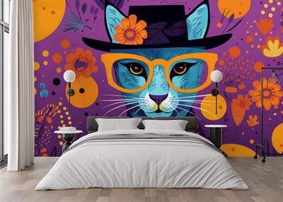 Cat with bright, bold colors and interesting patterns on its fur Wall mural