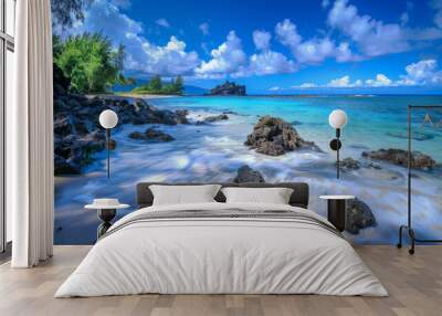 Crystal blue Hawaiian waters dance over white sandy shores and smooth stones, creating a vibrant underwater wonderland. Wall mural