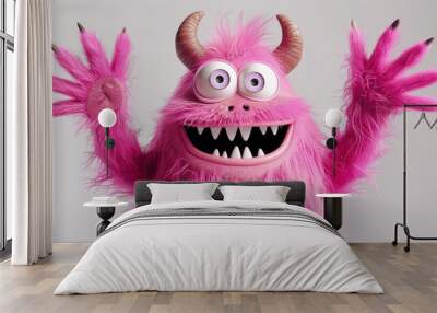 Cute pink monster with silly expression waving its hands. Digital art isolated. Fun Halloween design. Wall mural