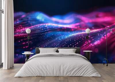 Flowing wave of dots form an abstract background, perfect for brochures, flyers, and more. Ideal for showcasing technology, big data, and innovation. Wall mural