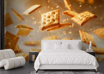 Golden crackers tumbling against a light-colored backdrop Wall mural