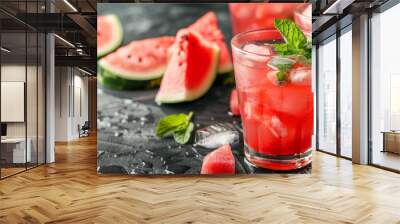 Refreshing watermelon juice with mint and ice in a glass. Perfect for hot summer days as a dessert, smoothie, or cocktail. Close-up with selective focus, leaving space for text. Wall mural