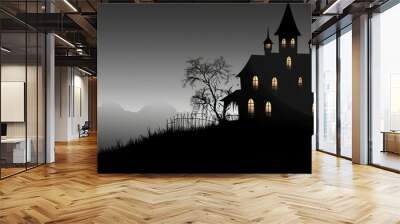 Charcoal haunted house silhouette against a spooky Halloween night sky. Wall mural