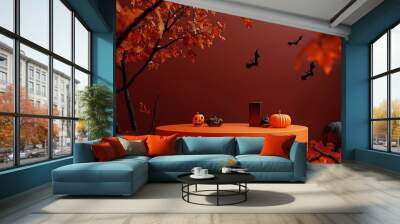 Product display on a 3D-rendered orange podium, Halloween and autumn themed. Wall mural