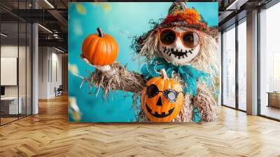 Smiling scarecrow in fashion attire with pumpkin, blue background setting. Wall mural