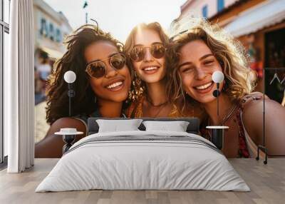 Three young women taking selfie walking on city street - Multiracial females picture smiling at camera outside - Friendship and tourism concept with girls having fun, Generative AI  Wall mural