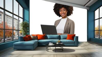 Black woman holding a computer while looking into camera and smiling isolated on transparent background PNG Wall mural