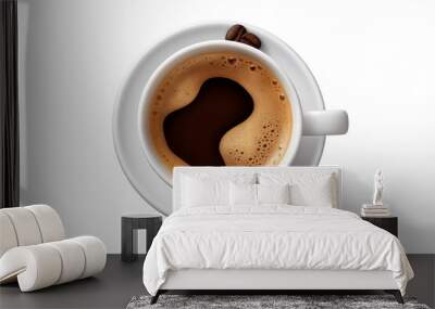 Cup of hot coffee with beans on the saucer isolated on transparent background PNG, top view Wall mural