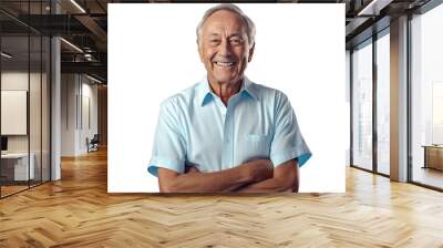 Happy smiling grandpa in a light blue shirt, arms crossed, staring directly at the camera. Aging and medical care idea. Isolated on transparent background PNG. Wall mural