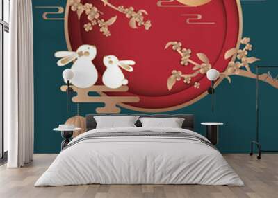 Happy mid-autumn festival design cute rabbits looking at the full moon with sweet osmanthus bloom on green background. Vector illustration. Chinese translation: Mid-Autumn Festival. Wall mural