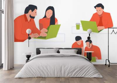 vector of people sitting using a laptop. two people working together. modern lifestyle using technology. illustration Wall mural