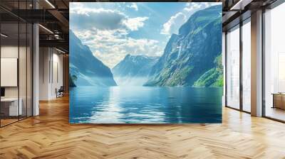 Beautiful Landscape: Mountain Range and Large Body of Water Wall mural