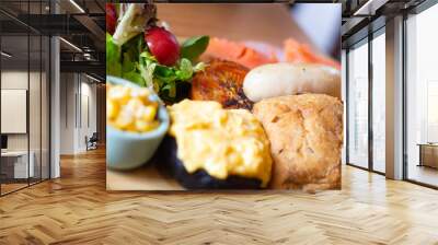 Top down view of a plate of delicious all day breakfast on table, Tai Po, Hong Kong Wall mural