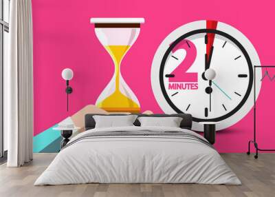 2 Minutes Hourglass Time Symbol. 2 Minute Counter Icon with Sand Clock on Human Hand. Vector Flat Design Stopwatch Design on Pink Background. Wall mural