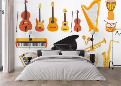 big musical instruments set isolated on white background. guitar, ukulele, piano, harp, accordion, m Wall mural