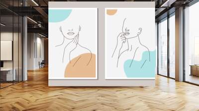 Set of posters template with minimalistic female figure. Linear female body and abstract shapes. Modern abstract line art style. Vector illustration.  Wall mural