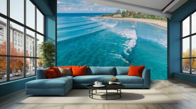 An aerial view of surfers and swimmers at Rainbow Bay, Gold Coast, Australia Wall mural