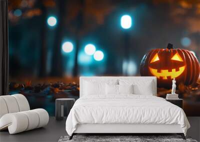 Halloween pumpkin with a glowing face on a night background Wall mural