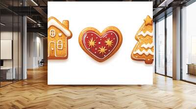 
Set of gingerbread cookies isolated on a white background, in the shapes of a house, heart, star, and tree, with a red glaze and golden sprinkles. Cartoon vector illustration design element for Chris Wall mural