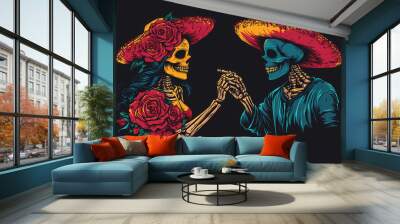 Two cute skulls wearing sombrero hats woman and man, one holding roses, vector graphics for t-shirt design, on a black background Wall mural