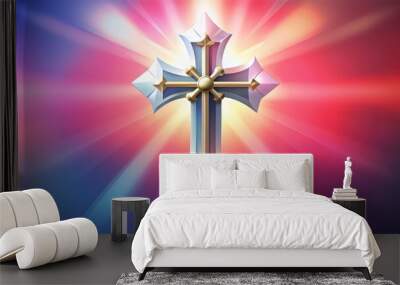 A Detailed Silver Cross with a Gold Center in a Radiant Light Background Wall mural