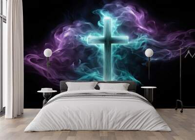 A Glowing Wooden Cross Surrounded by Purple and Teal Smoke Wall mural