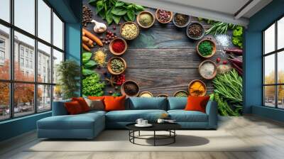 a variety of fresh herbs and spices arranged on a dark wooden surface. It includes whole carrots, garlic cloves, red chili peppers Wall mural