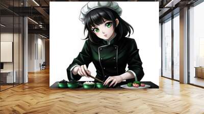 Anime Chef Girl with Green Eyes Prepares Food Wall mural