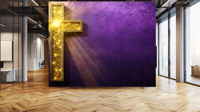 Golden Cross with Light Rays on Purple Background Wall mural