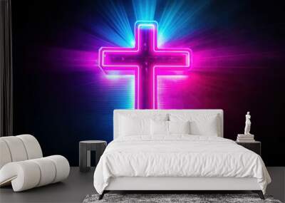 Neon Cross Glowing with Pink and Blue Light Wall mural