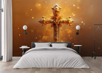 Ornate Golden Cross with Sparkling Background Wall mural